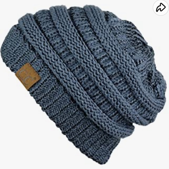 C.C NWT Denim Blue Chunky Soft Stretch Cable Knit Beanie Skully Slouch Cap Hat - Picture 1 of 4